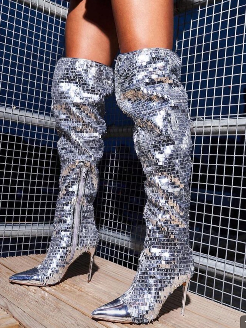Silver Sequin Over-the-Knee Stiletto Boots